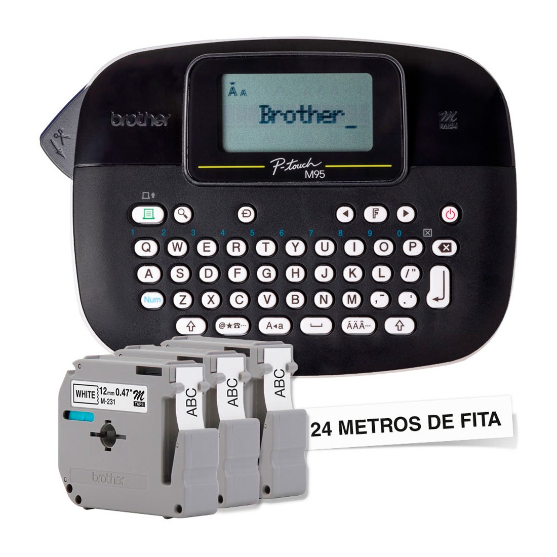 Produto: Rotulador Eletrônico Brother PT-M95BKBP P-Touch Portátil Preto com 3 fitas - PTM95BKBP